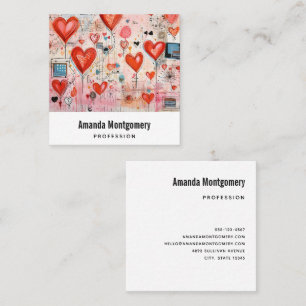 Red Hearts Whimsical Love Pattern Square Business Card