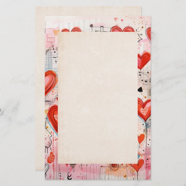 Red Hearts Whimsical Love Pattern Stationery (Front/Back)