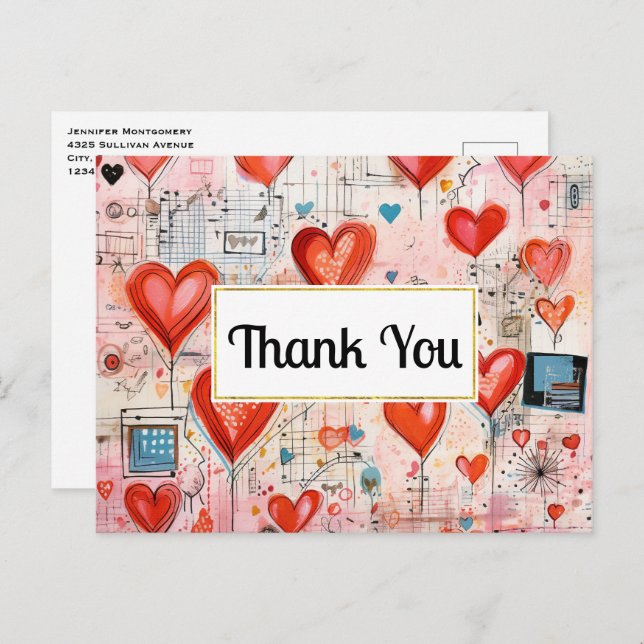 Red Hearts Whimsical Love Pattern Thank You Postcard (Front/Back)
