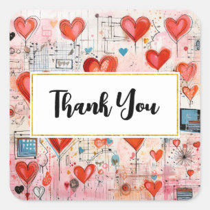 Red Hearts Whimsical Love Pattern Thank You Square Sticker