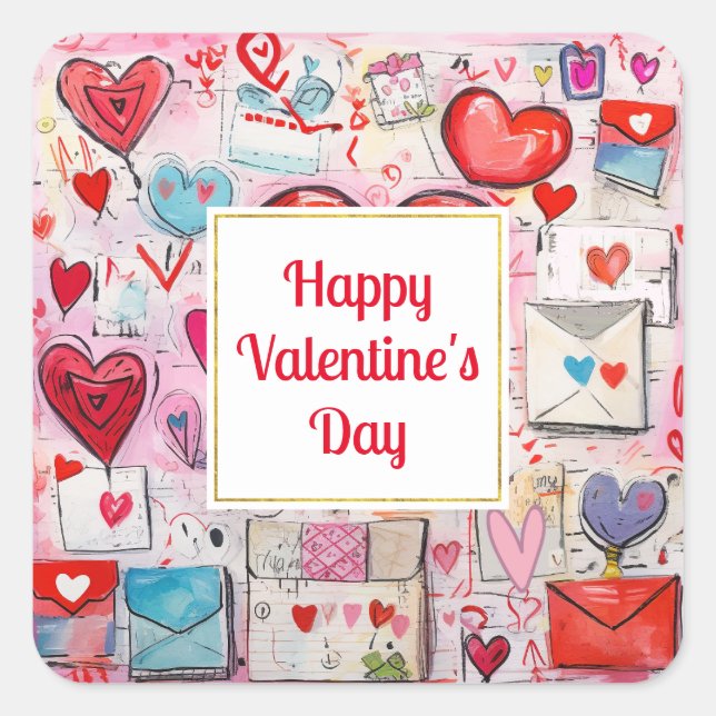 Red Hearts Whimsical Love Pattern Valentine's Day Square Sticker (Front)