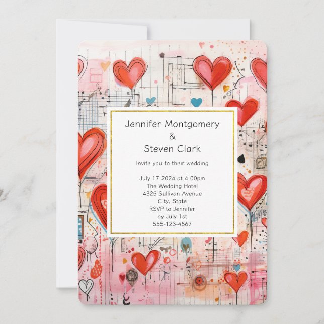 Red Hearts Whimsical Love Pattern Wedding Invitation (Front)