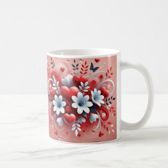 Red Hearts White Flowers Butterfly Valentine's Day Coffee Mug (Right)