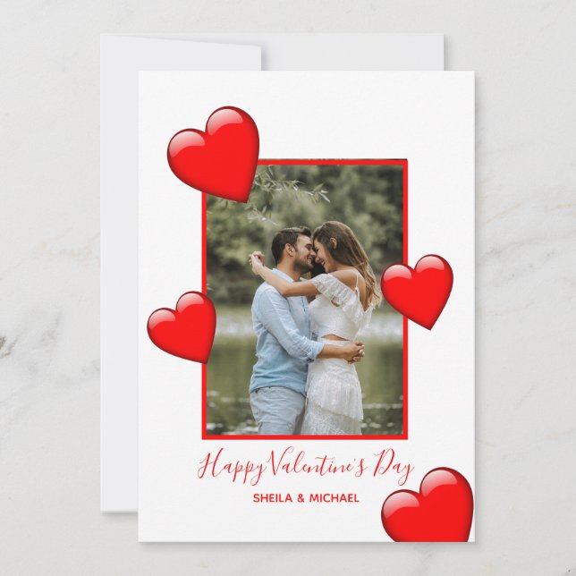Red Hearts White Happy Valentine's Photo Holiday C (Front)