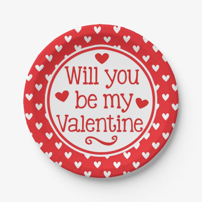 Red Hearts Will You Be My Valentine Kids Party Paper Plate (Front)