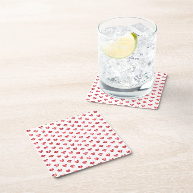 Red Hearts With Little Hearts Square Paper Coaster (Insitu)