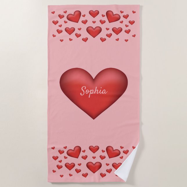 Red Hearts With Personalizable Text Beach Towel (Front)