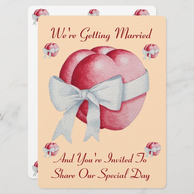 red hearts with white bow for weddings invite (Front/Back)