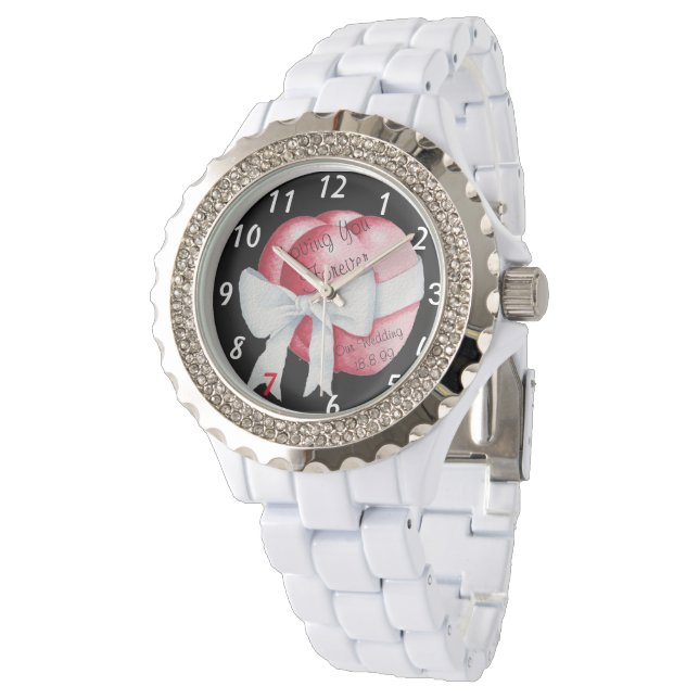 red hearts with white bow original wedding  watch (Angled)