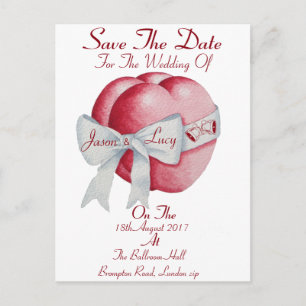 red hearts with white bow ribbon save the date announcement postcard