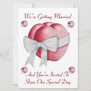 red hearts with white bow ribbon wedding invite