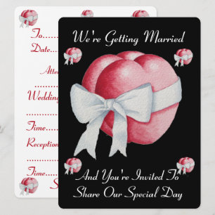 red hearts with white bow ribbon wedding invites