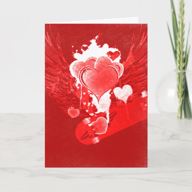 Red Hearts with wings Skateboard Valentine's Card (Front)
