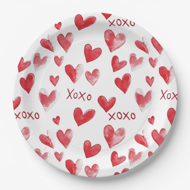 Red Hearts XOXO Love Paper Plate (Front)