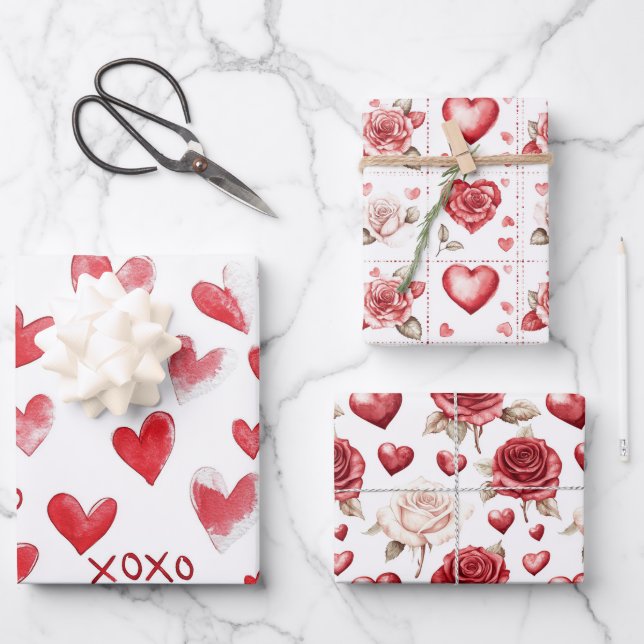 Red Hearts XOXO Love Valentine's Day Romance Wrapping Paper Sheet (Front)