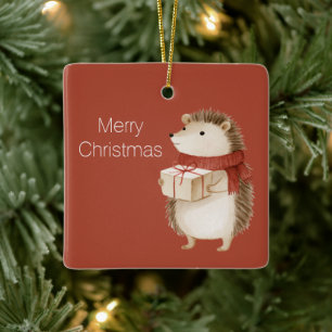 Red Hedgehog with Gift Christmas Ceramic Ornament