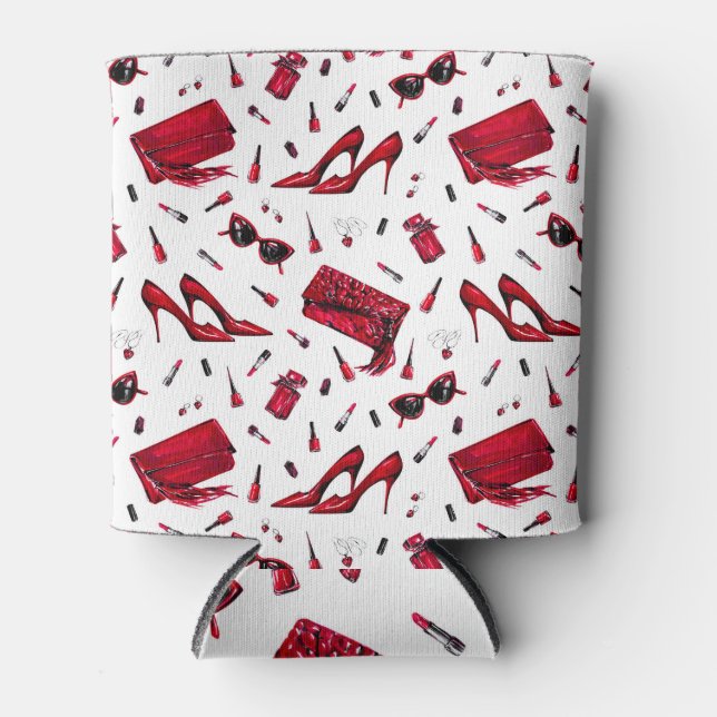 Red heels, fashion accessories pattern. can cooler (Front)