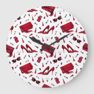Red heels, fashion accessories pattern. large clock