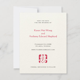 Red hei Asian wedding save the date announcement