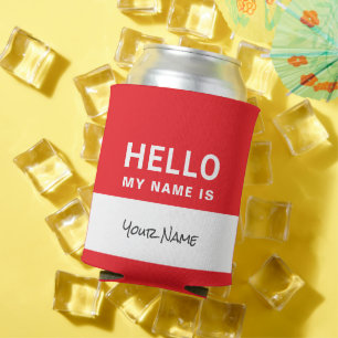 Red Hello my name is Personalized can cooler