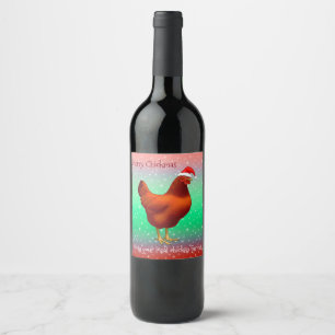 Red Hen in Santa Hat Merry Chickmas Wine Label