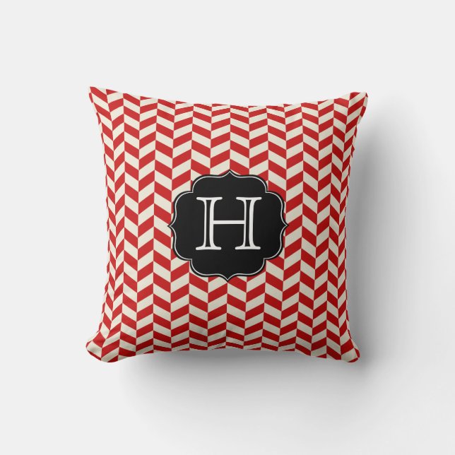 Red Herringbone Chevron Pattern with Monogram Cushion (Front)