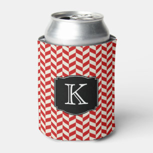 Red Herringbone Chevrons Pattern with Monogram Can Cooler