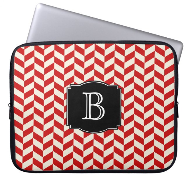 Red Herringbone Chevrons Pattern with Monogram Laptop Sleeve (Front)
