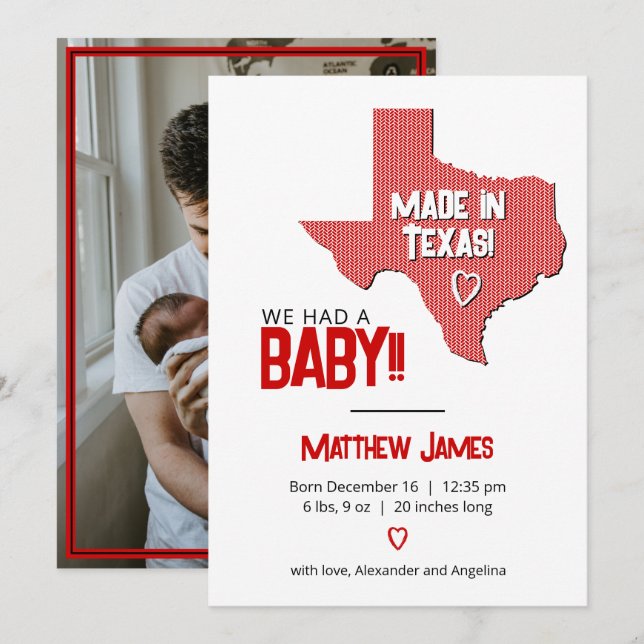 Red Herringbone Made in Texas Photo Baby Announcement (Front/Back)
