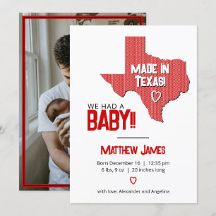 Red Herringbone Made in Texas Photo Baby Announcement