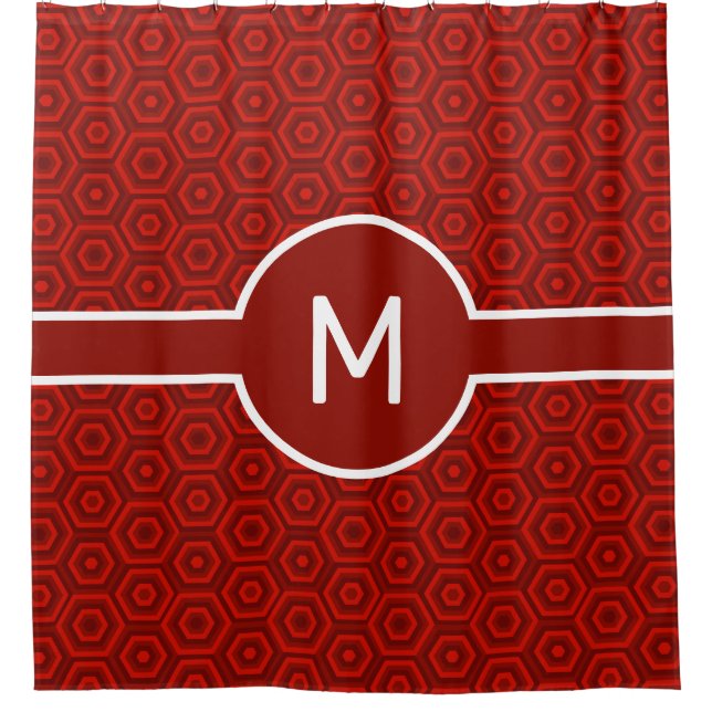 Red Hexagons with Central Monogram Geometric Shower Curtain (Front)