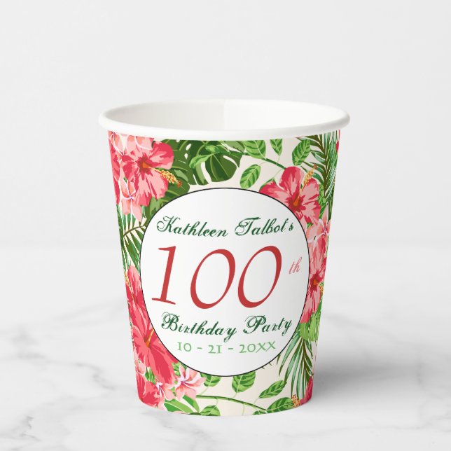 Red Hibiscus 100th Birthday Party Paper Cup (Left)