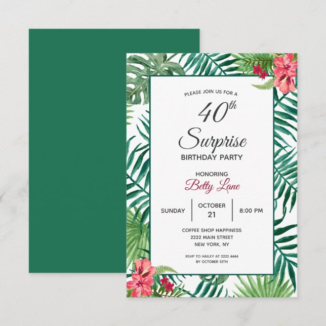 Red Hibiscus 40th Birthday Invitation (Front/Back)