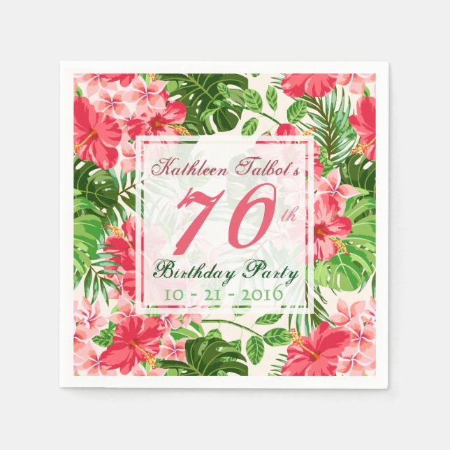 Red Hibiscus 70th Birthday Party Paper Napkin (Front)