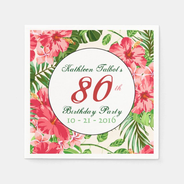 Red Hibiscus 80th Birthday Party Paper Napkin (Front)
