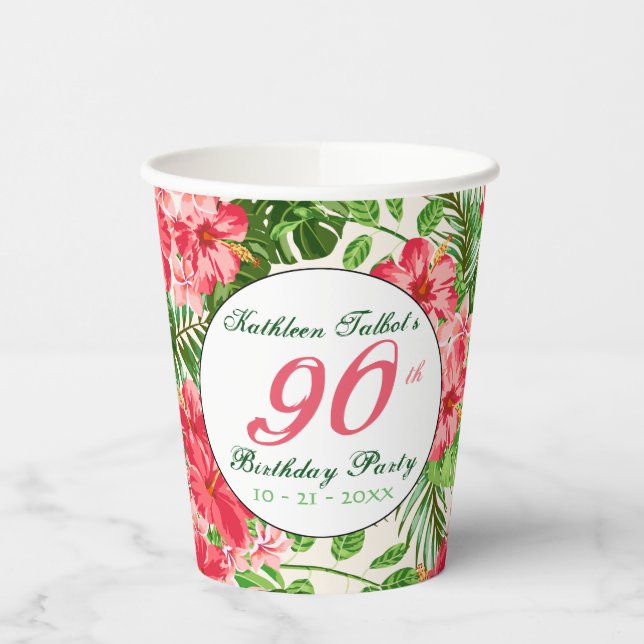 Red Hibiscus 90th Birthday Party Paper Cup (Left)