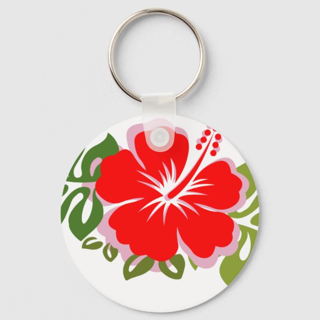 Red Hibiscus and Leaves Key Ring (Front)