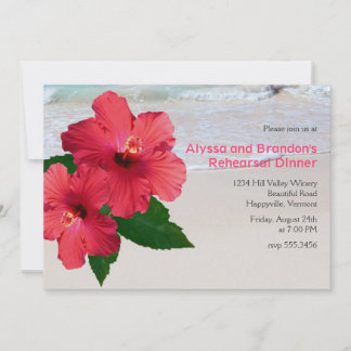 Red Hibiscus Beach Wedding Rehearsal Dinner Invitation
