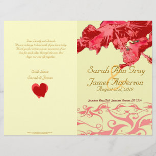 Red hibiscus brocade wedding program