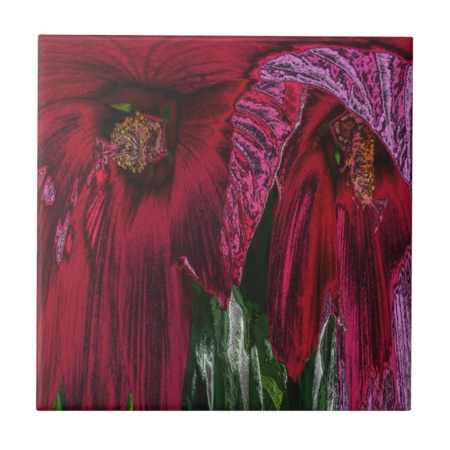 Red Hibiscus Floral Abstract Art Tile (Front)