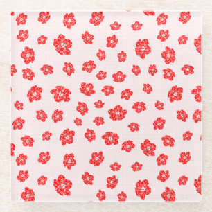 Red Hibiscus Floral Glass Coaster