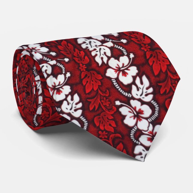 Red Hibiscus Floral Hawaii Island Beach Wedding Tie (Rolled)