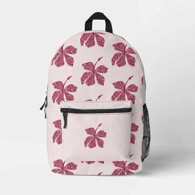 Red Hibiscus Floral Pattern  Printed Backpack (Front)