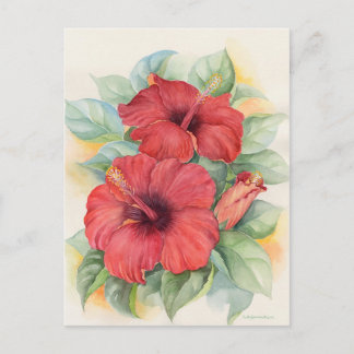 Red Hibiscus Floral Tropical Watercolor Art Postcard