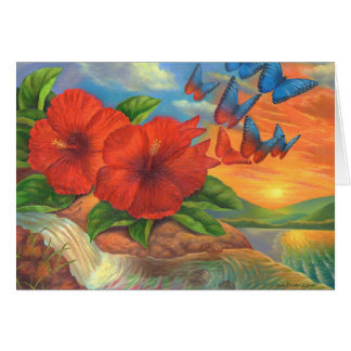 Red Hibiscus Floral With Butterflies Surreal Card