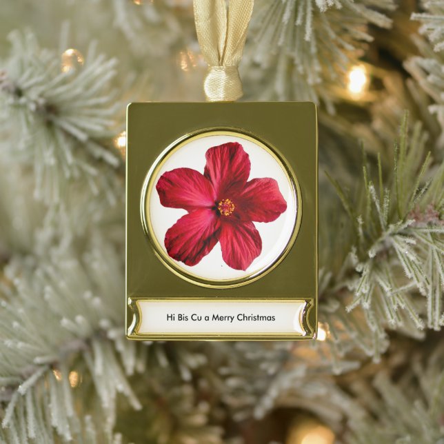 Red Hibiscus Flower Banner Gold Plated Ornament (Tree)