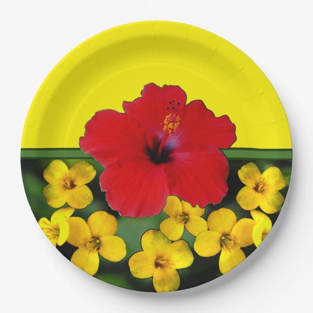 Red Hibiscus Flower Bouquet Paper Plate (Front)
