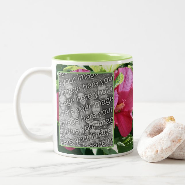 Red Hibiscus Flower Frame Add Your Photo Two-Tone Coffee Mug (With Donut)
