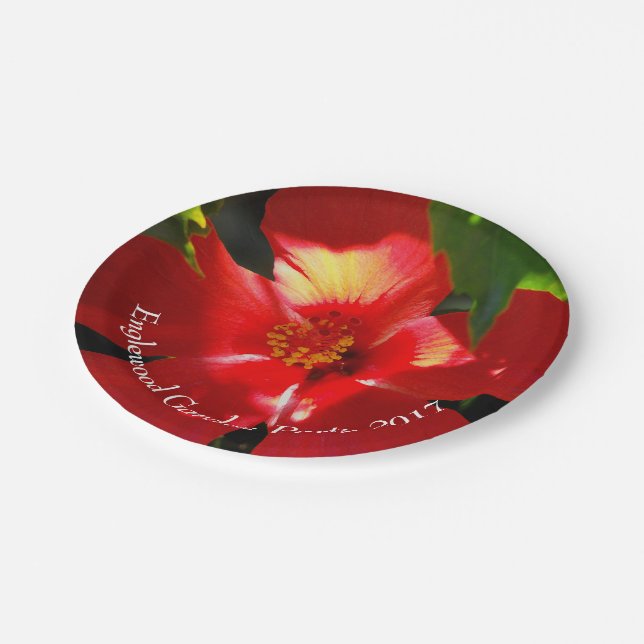 Red Hibiscus Flower in Sunlight Paper Plate (Angled)