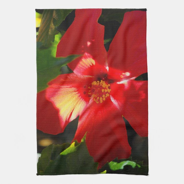 Red Hibiscus Flower in Sunlight Tea Towel (Vertical)